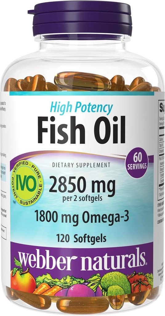 Webber Naturals Huile de poisson 2850 mg, haute puissance, 1 800 mg Oméga-3 par portion, 120 softgels entériques clairs, aucun arrière-goût de poisson, ultra-purifié, soutient la santé cardiaque, cognitive et articulaire