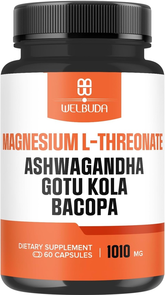 Magnésium L-Thréonate Capsules 1010mg - 5in1 avec la racine d'Ashwagandha, Gotu Kola Leaf et plus - Mood positif, santé du cerveau, capacité de se souvenir, concentration et soutien de la production d'énergie - 60 Capsules