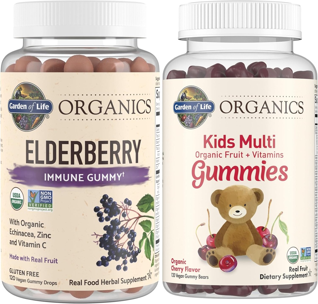 Garden of Life Organics Kids Immune Bundle – Elderberry Immune Support Gummies (120 Count) + Certified Organic Kids Multivitamin Gummies, Non-GMO, Gluten Free, Cherry (120 Count)