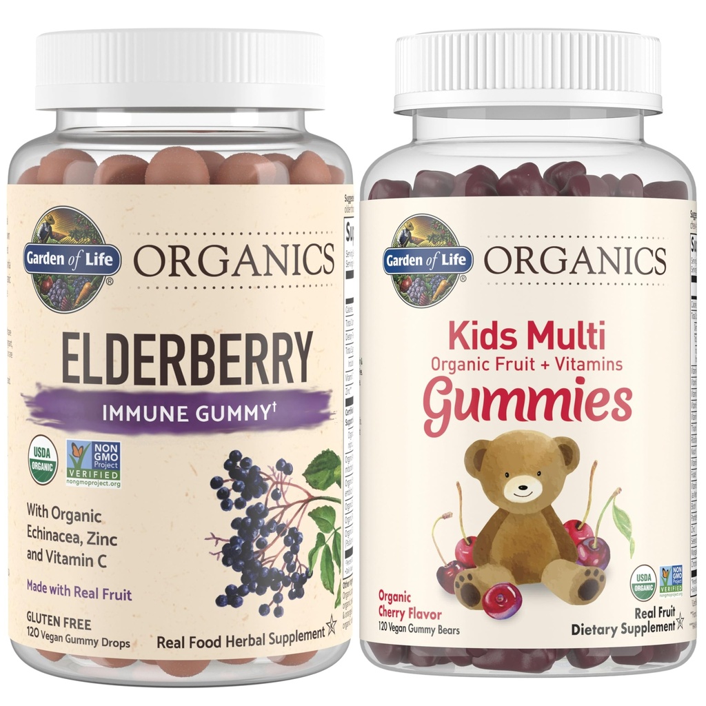 Jardin de la vie Bios Bundle Immune pour enfants – Gommies de soutien Immune pour mûres aînées (120 comte) + Gommies multivitamines certifiées biologiques pour enfants, non OGM, sans gluten, cerise (120 comte)