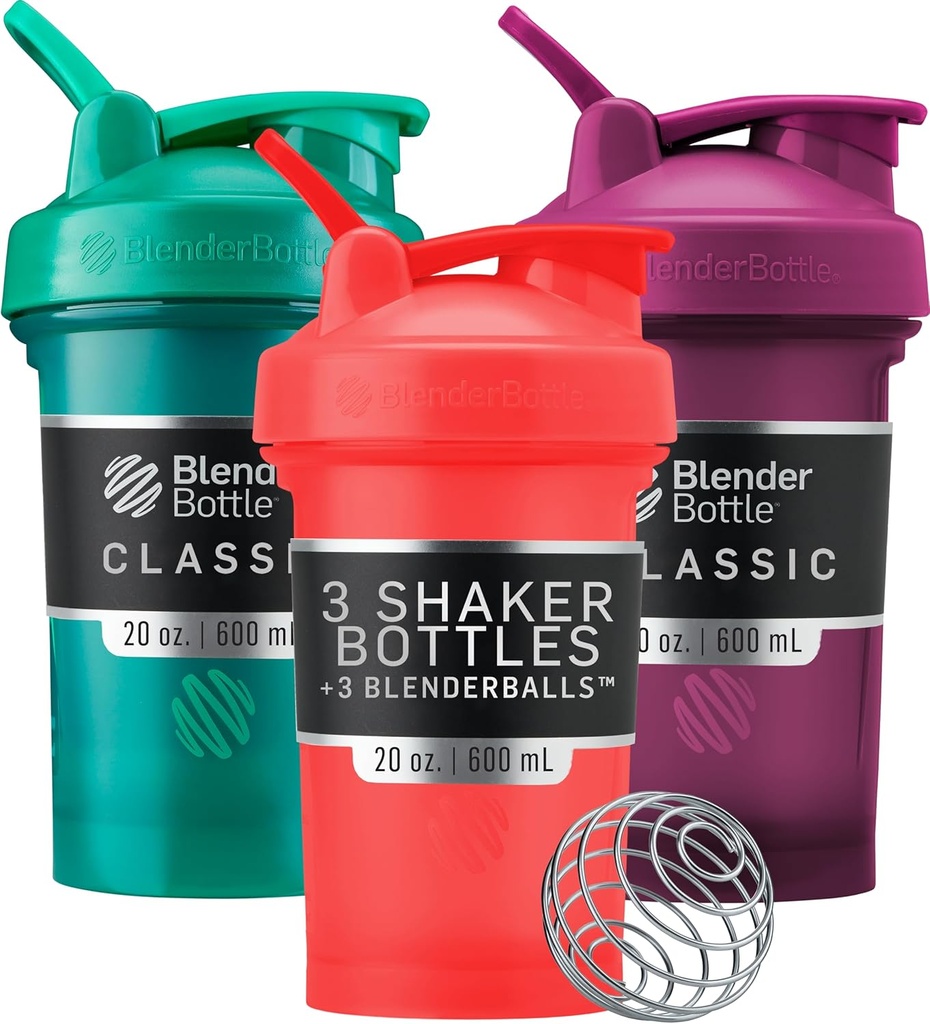 Bouteilles de mélange Classic V2 Bouteille de shaker parfaite pour les shakes protéiques et préentraînement, 20-Ounce (3 Pack), Rouge, Vert, Plum