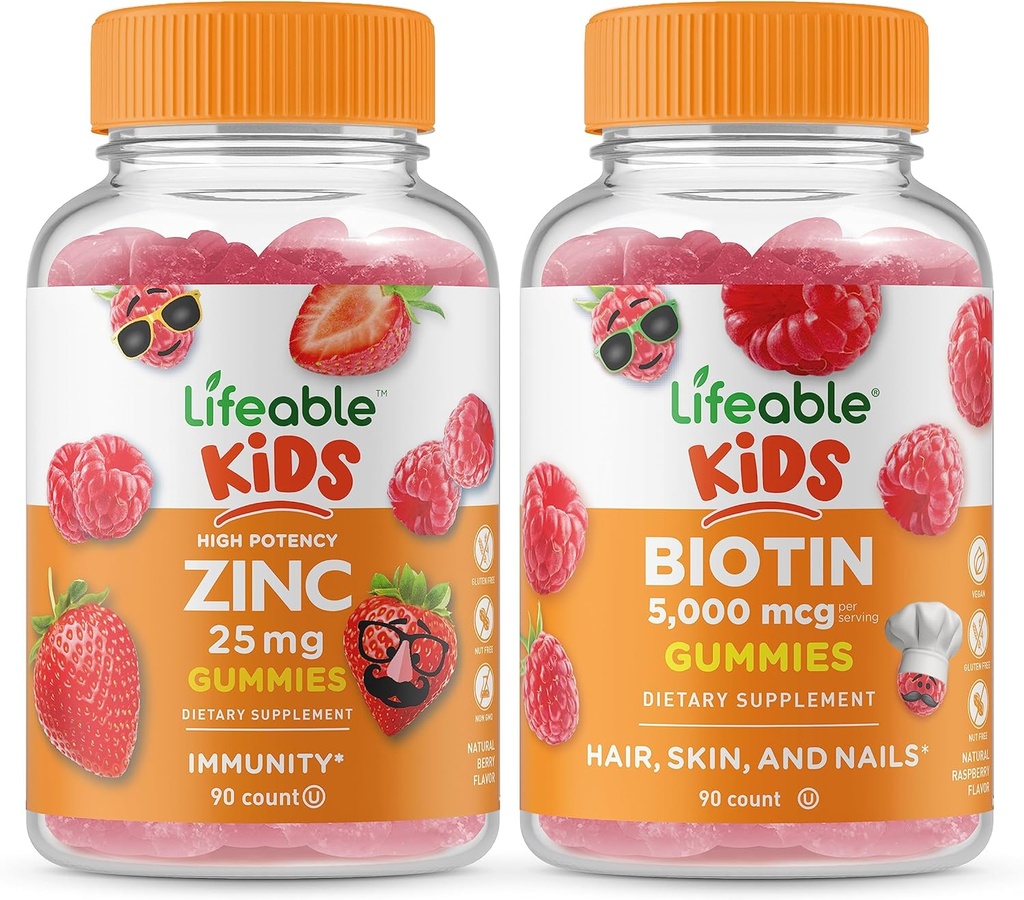 Zinc Lifeable 25mg Enfants + Biotine Enfants, Gummies Bundle - Grande dégustation, supplément de vitamine, sans gluten, sans OGM, gummy à croquer