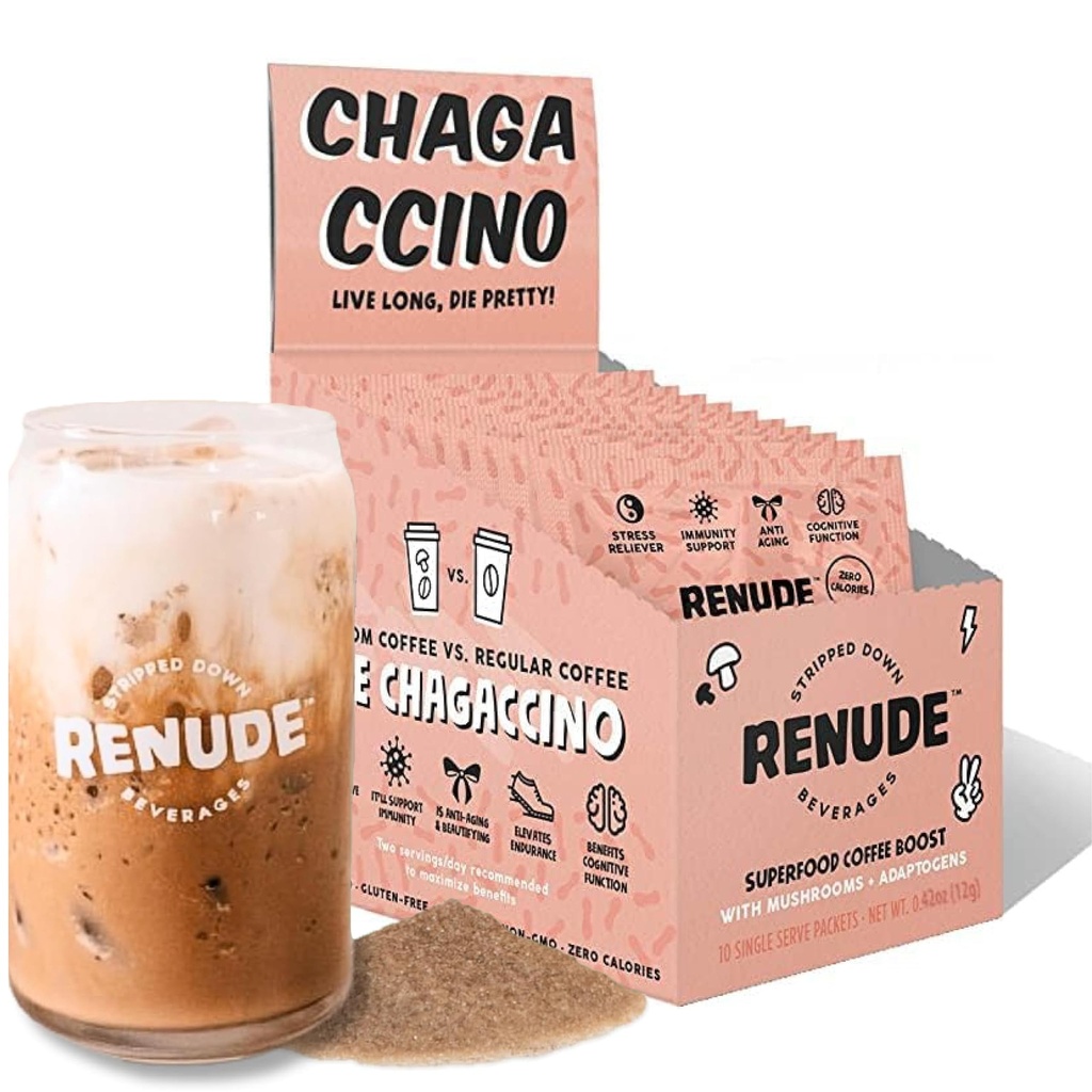 Renude Chagaccino - Chaga Poudre de champignons, Mélange de café de champignons avec adaptogènes, énergie naturelle et soutien immunitaire, végétalien, kéto, mélange de champignons Zéro calories - 10 portions