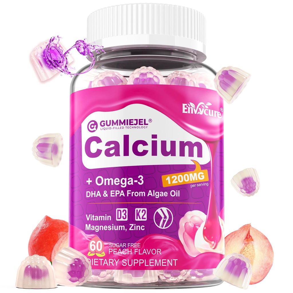 Citrate de calcium sans sucre Gummies pour les femmes et les hommes 1000mg, vitamine D3 K2, magnésium, zinc, bore, manganèse, cuivre, Absorption ultime Suppléments de calcium pour os, muscles et immunitaire - végétalien, 60 Compte