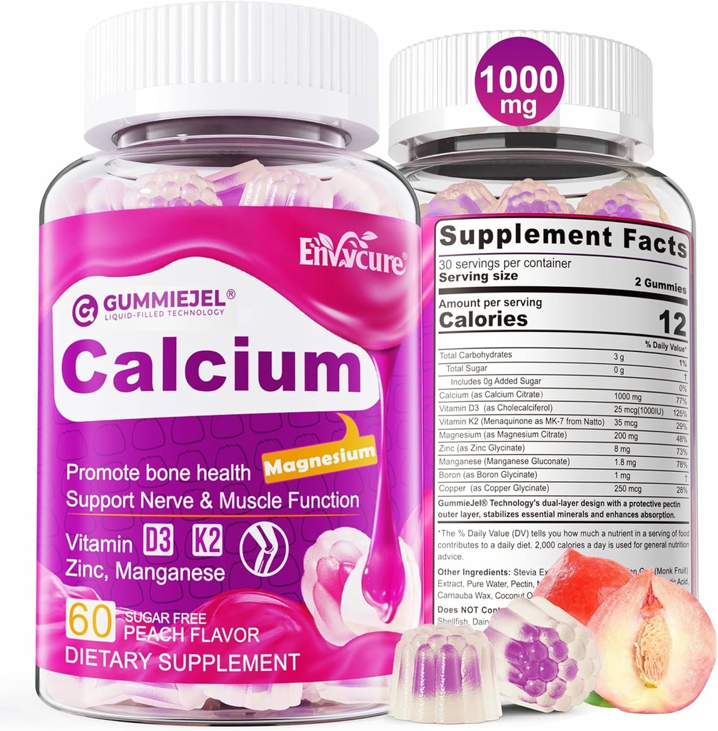 Citrate de calcium sans sucre Gummies pour les femmes et les hommes 1000mg, vitamine D3 K2, magnésium, zinc, bore, manganèse, cuivre, Absorption ultime Suppléments de calcium pour os, muscles et immunitaire - végétalien, 60 Compte