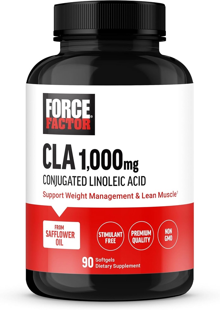 FORCE FACTOR CLA Suppléments, CLA 1000 mg, acide linoléique conjugué pour soutenir la composition corporelle et la masse musculaire maigre, en huile de carthame, sans stimulant, sans OGM, 90 softgels