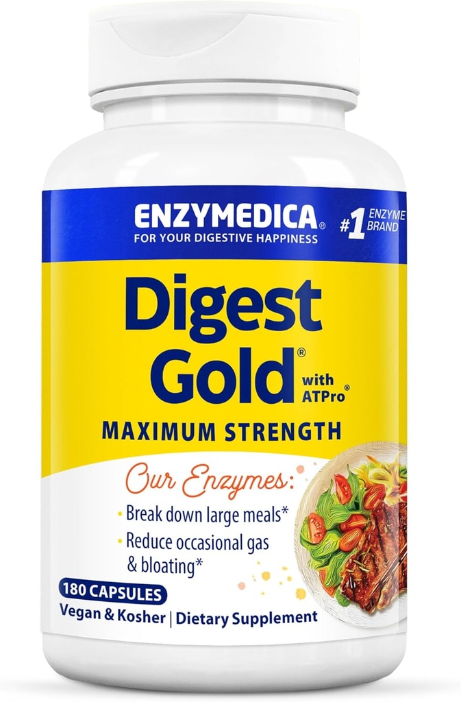 Enzymedica - Digest Gold avec ATPro, supplément de soutien digestif quotidien avec enzymes et ATP, 180 capsules