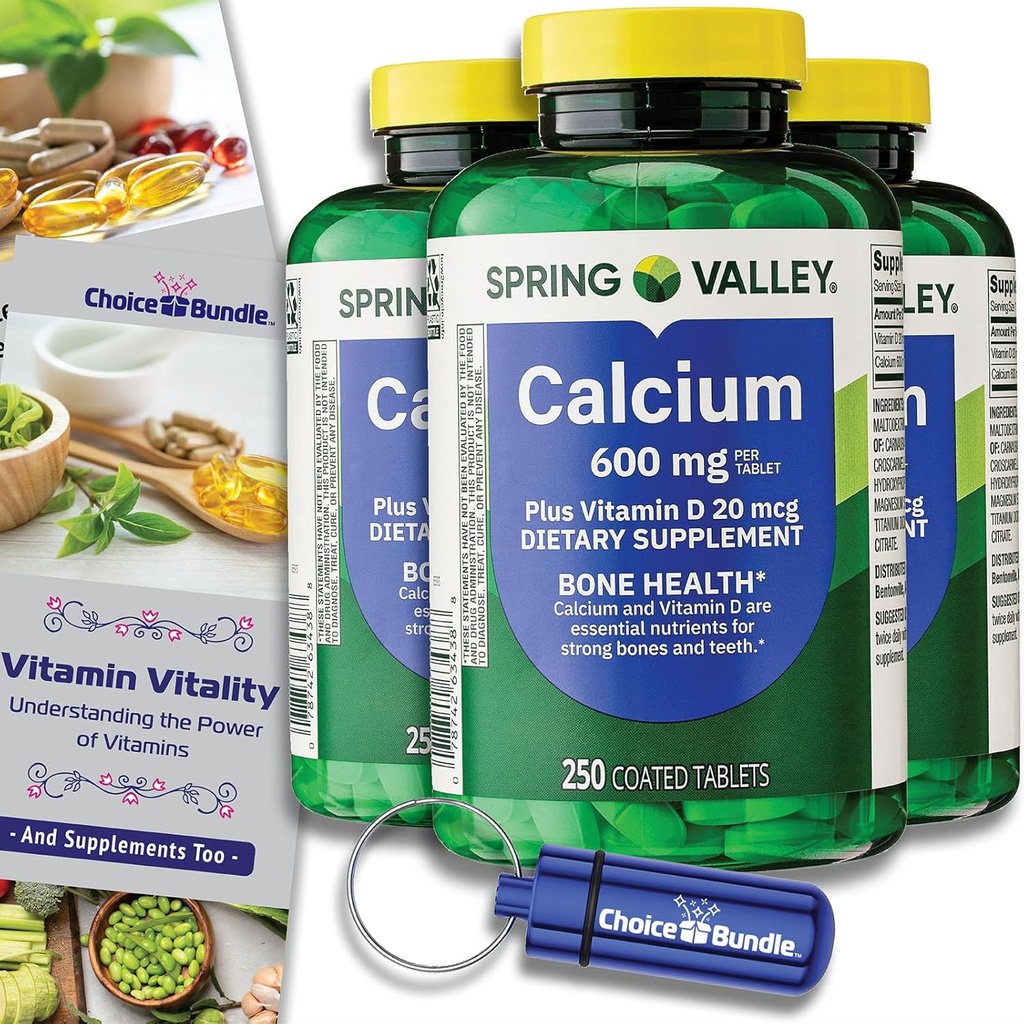 Choice Bundle Spring Valley Calcium Plus Comprimés Vitamine D 600 mg 250 Ct 3 pk (750 Total) + Vitamine Vitalité.
