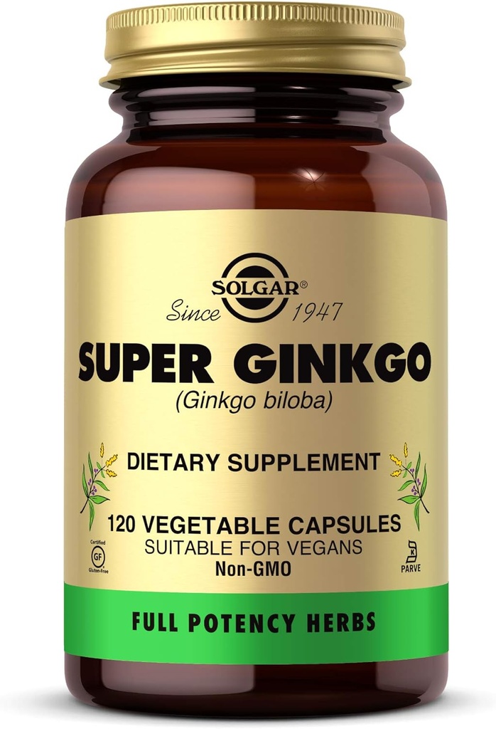 Solgar Super Ginkgo, 120 capsules végétales - pleine puissance (FP) - Antioxydant et système nerveux - Santé du cerveau - Non-OGM, végétalien, sans gluten, sans produits laitiers, sans casher - 120 portions