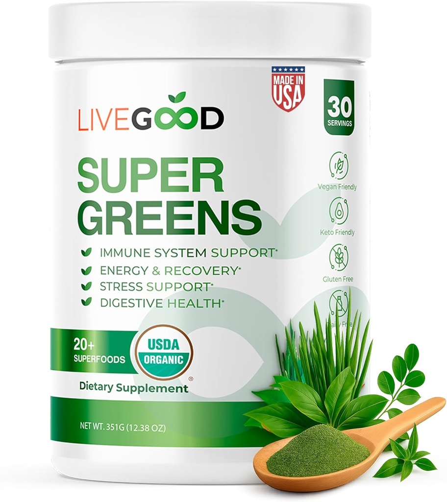 LiveGood Super Greens Poudre Bio Superfood avec Poudre de Graine de Blé, Poudre de Superfood quotidien pour le soutien immunitaire, l'énergie et la désintoxication, Supplément de Jus Vert (30 portions), 12.38 Oz