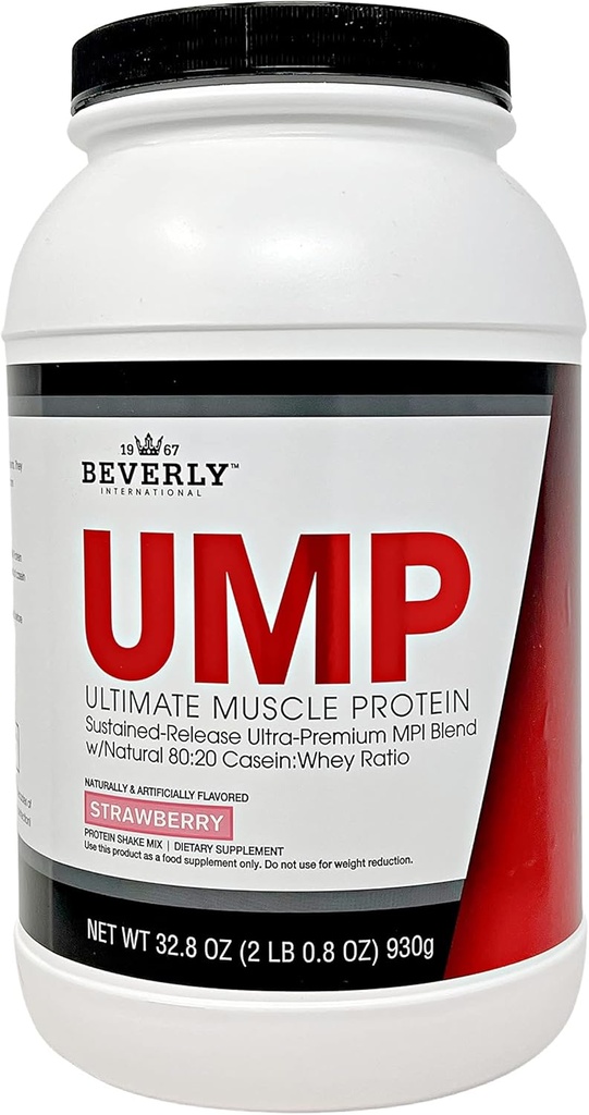 Beverly International poudre de protéines UMP, fraise. Unique Whey-Casein Ratio construit Lean Muscle. Facile à digérer.