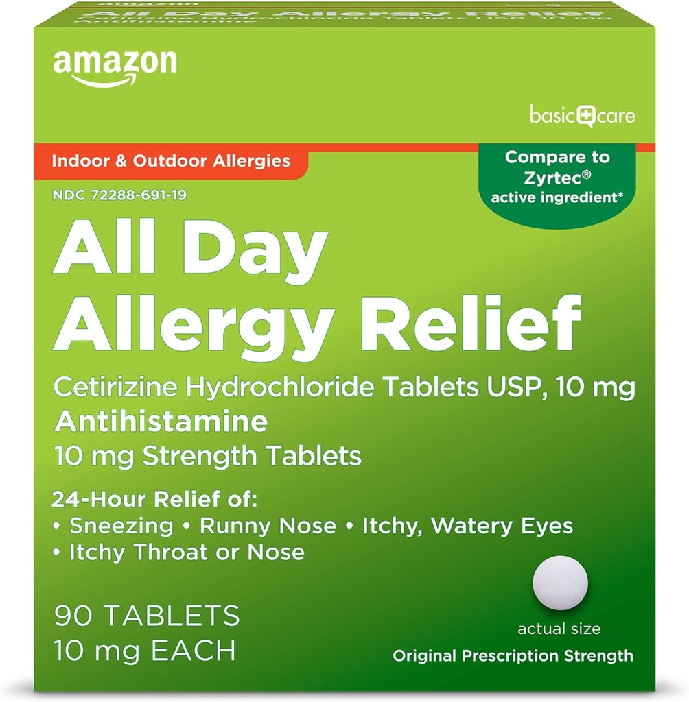 Soins de base Allergie toute la journée, Comprimés de chlorhydrate de cétirizine, 10 mg, Antihistamine, 90 Compte (Emballage peut varier)