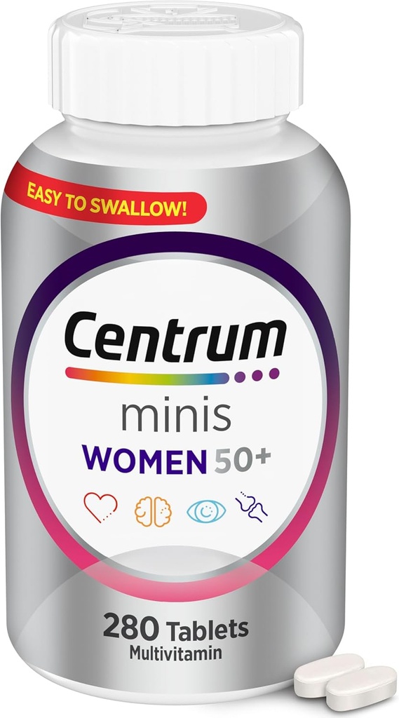 Centrum Minis Multivitamine pour femmes Argent 50 Plus, Supplément multiminérale avec vitamine D3, vitamine B, ingrédients non OGM, soutient la mémoire et la cognition chez les adultes âgés - 280 Ct