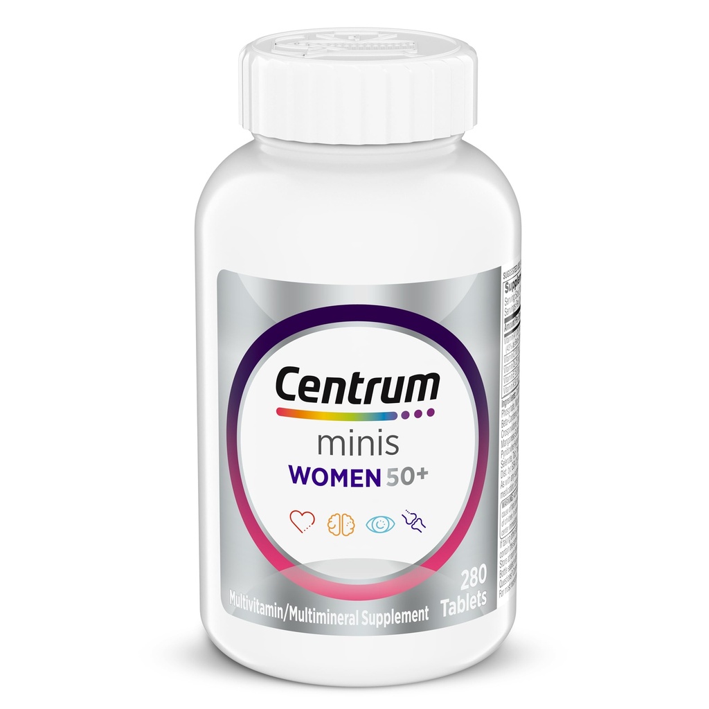 Centrum Minis Multivitamine pour femmes Argent 50 Plus, Supplément multiminérale avec vitamine D3, vitamine B, ingrédients non OGM, soutient la mémoire et la cognition chez les adultes âgés - 280 Ct