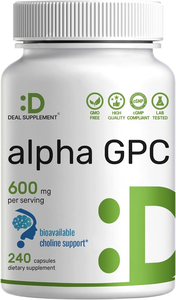 Alpha GPC 600mg par portion, 240 Capsules – Biodisponibles Réapprovisionnement Choline – Suppléments pour la santé du cerveau nootrope pour la mémoire et le focus – Non-OGM, sans gluten