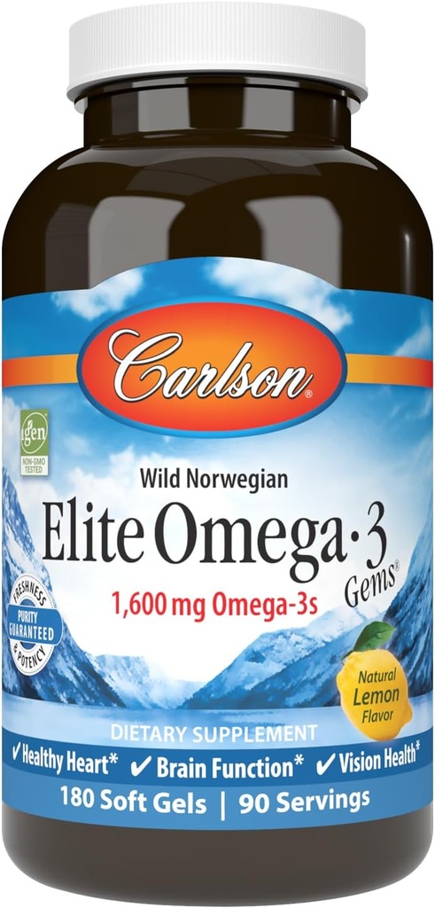 Carlson - Elite Omega-3 Gems, 1600 mg Omega-3 Including EPA and DHA, Norwegian, Wild-Caught Fish Oil Supplement, Sustainably Sourced, Lemon, 180 Softgels