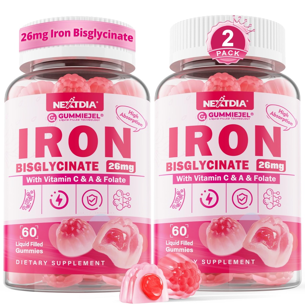 Supplément de fer végétalien Gommies pour les femmes et les hommes - w/Vitamine C Folate B12 Zinc pour les adultes et les enfants, Fer doux à mâcher pour la carence en fer, stimuler l'énergie, non constipant et après le goût, sans sucre 2 Pack