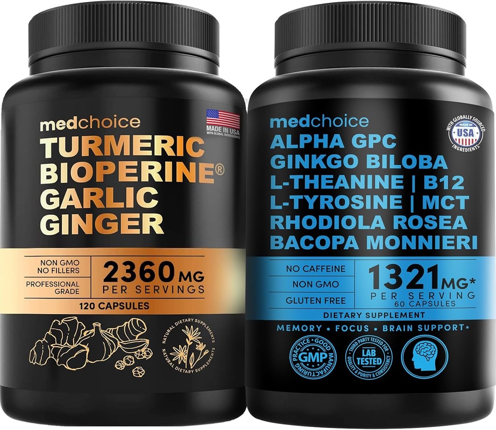 MEDCHOICE Turmère et gingembre (120ct) et cerveau nootrope (60ct) Supplément - Duo de bien-être pour le soutien des articulations, de la digestion, du cerveau et de l'humeur - végétalien, non OGM, sans gluten
