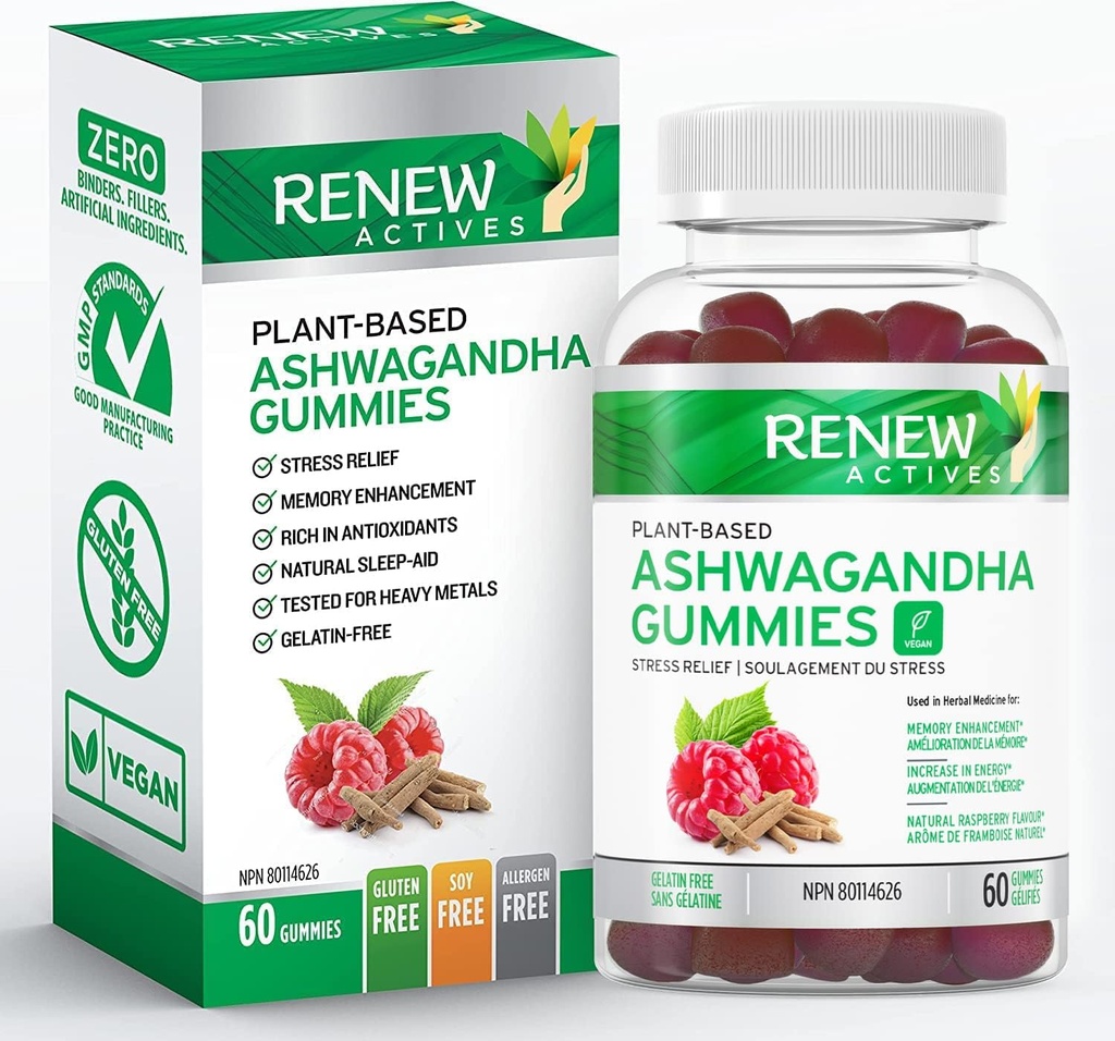Renouveler les actifs Ashwagandha 100MG par 4 Gommies – Mémoire, focus et boost énergétique – traditionnellement utilisé comme tonique rajeunissant – végétalien, adaptateur à base de plantes – fabriqué au Canada – 60 Gommies