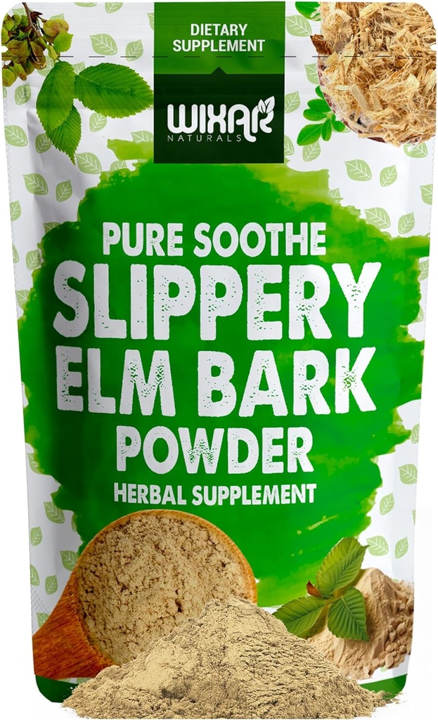 Poudre d'écorce d'orme de Slippery WIXAR - Soothe Digestive Health, Gorge douloureuse, Reflux acide - Fabriqué à partir d'écorce intérieure, mélange naturel et sans gluten, sans OGM, respectueux des végétaux - Poudre de supplément à base de plantes - 5oz