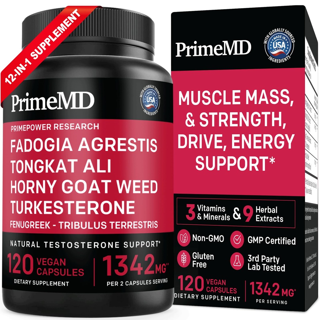 PrimeMD 12-en-1 Fadogia Agrestis et Tongkat Ali - Supplément testostérone pour les hommes avec Turkestérone - HornyGoatWeed pour les hommes pour le bien-être général avec 1342mg par portion (120 Capsules) (Pack de 1)