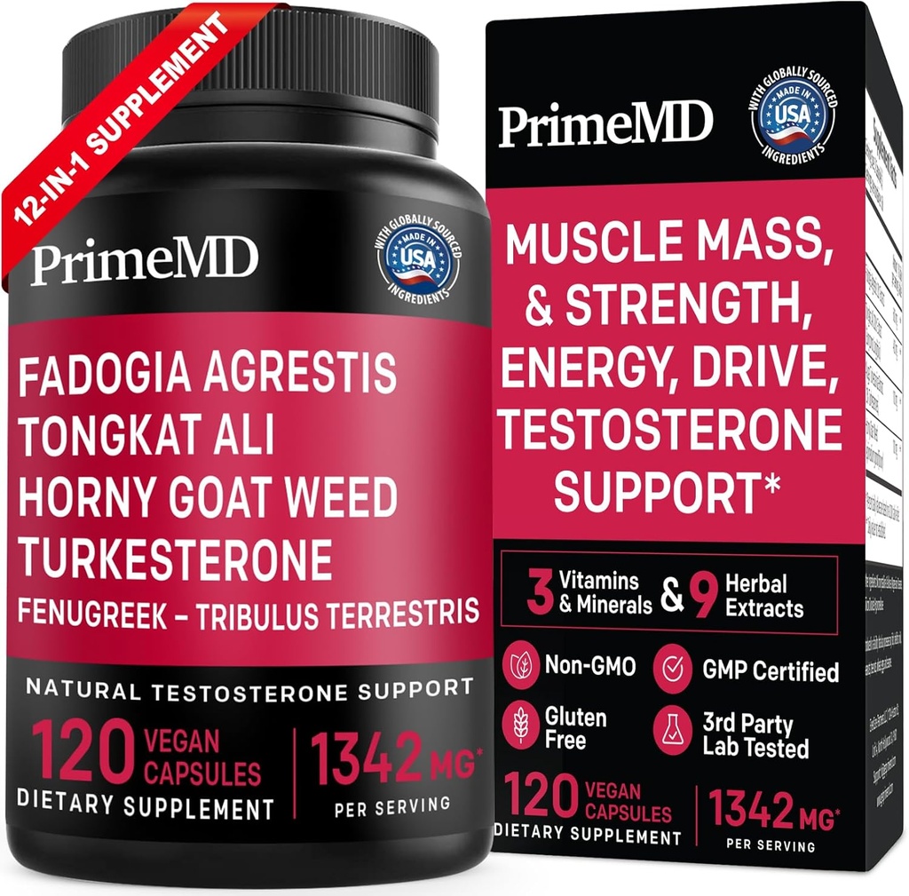 PrimeMD 12-en-1 Fadogia Agrestis et Tongkat Ali - Supplément testostérone pour les hommes avec Turkestérone - HornyGoatWeed pour les hommes pour le bien-être général avec 1342mg par portion (120 Capsules) (Pack de 1)