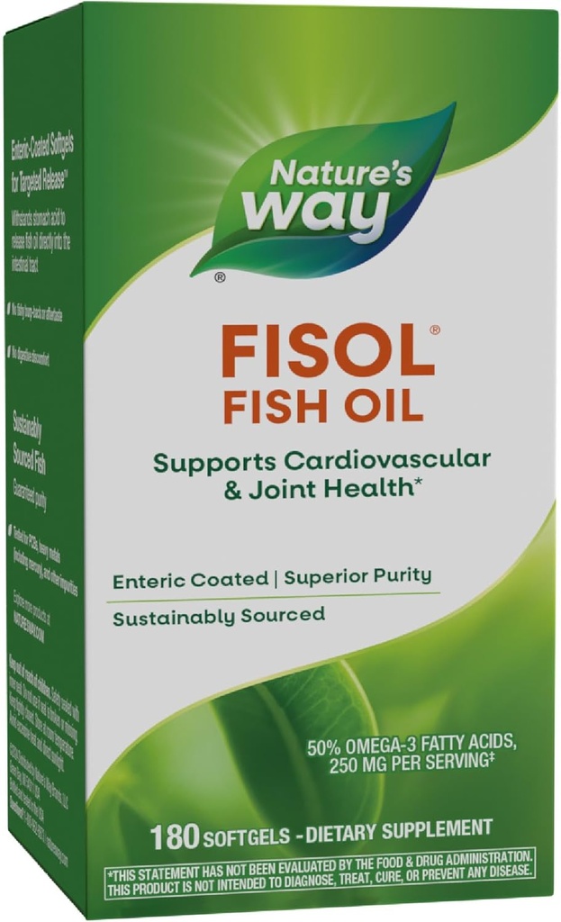 Façon de la nature Huile de poisson Fisol, revêtement entérique, soutient la santé cardiovasculaire et articulaire*, Mega Potency Oméga-3s, 180 Softgels (paquetage May Vary)