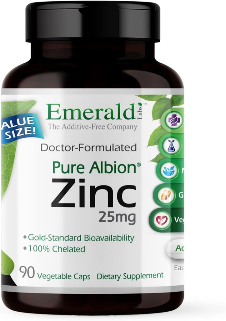 Emerald Labs Zinc 25mg - Soutien immunitaire, santé digestive, support de stress oxydatif - Fabriqué avec du bisglycin au zinc - Vegan & sans gluten - 90 capsules végétales