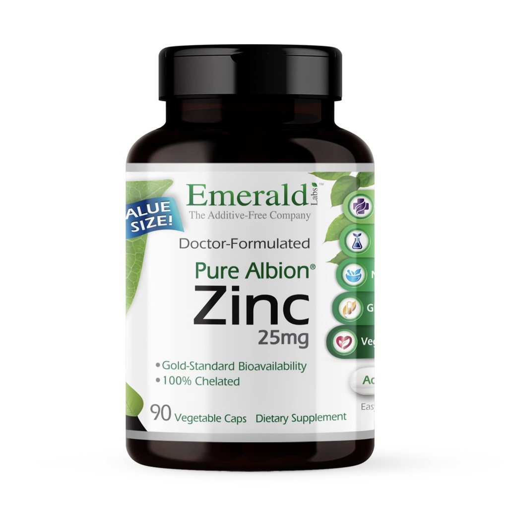Emerald Labs Zinc 25mg - Soutien immunitaire, santé digestive, support de stress oxydatif - Fabriqué avec du bisglycin de zinc - Vegan & sans gluten - 90 capsules végétales