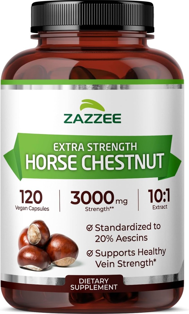 Zazzee Extra Strength Horse Chestnut 10:1 Extrait, 3000 mg Strength, 20% Escines, 4 mois d'approvisionnement, 120 capsules végétaliennes, concentré et normalisé 10X Extrait, tout naturel, non-OGM, fabriqué aux États-Unis