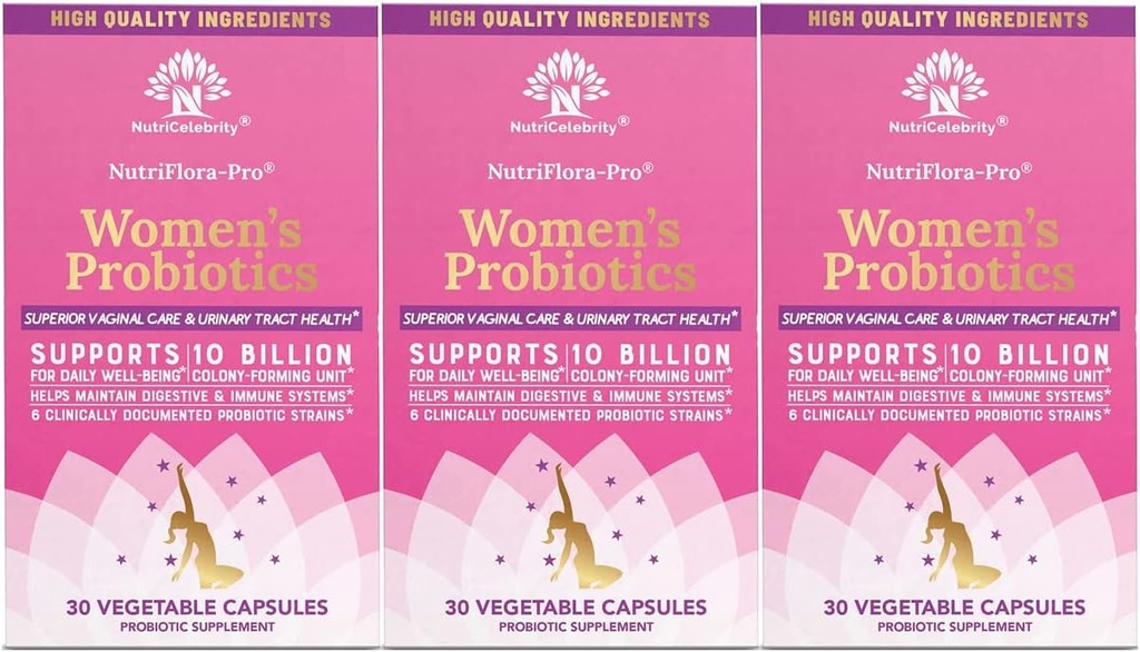 Probiotiques de nutricélébrité pour les femmes 10 milliards CFU 6 souches, prébiotiques organiques pour la santé digestive, vaginale et immunitaire, équilibre et santé féminine, douleur péridienne, soulagement du VB, extrait de canneberge+ 3 paquets