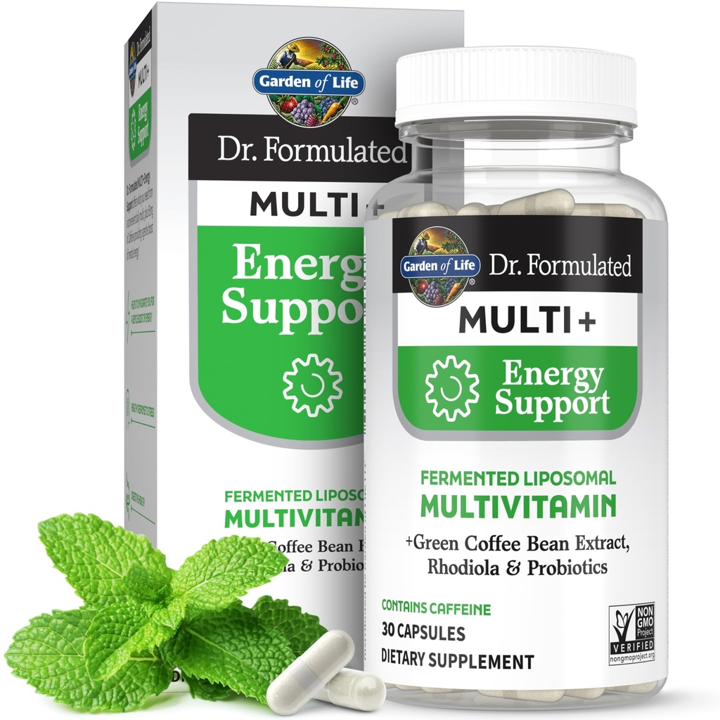 Jardin de la vie Dr. Formulé Multi+ Soutien énergétique : Multivitamine liposomique fermentée + Extrait de café vert, Rhodiola et probiotiques - Boost Energy, Soutien Digestion et santé immunitaire, 30 Capsules