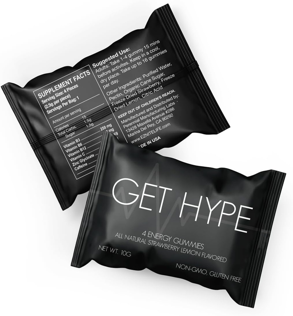 GET Hype Energy Gummies (en anglais seulement) Vegan, non OGM, supplément énergétique sans gluten avec caféine, vitamine B12, B6, vitamine C & zinc (en anglais seulement) Boost Focus, clarté mentale et énergie (en anglais seulement)