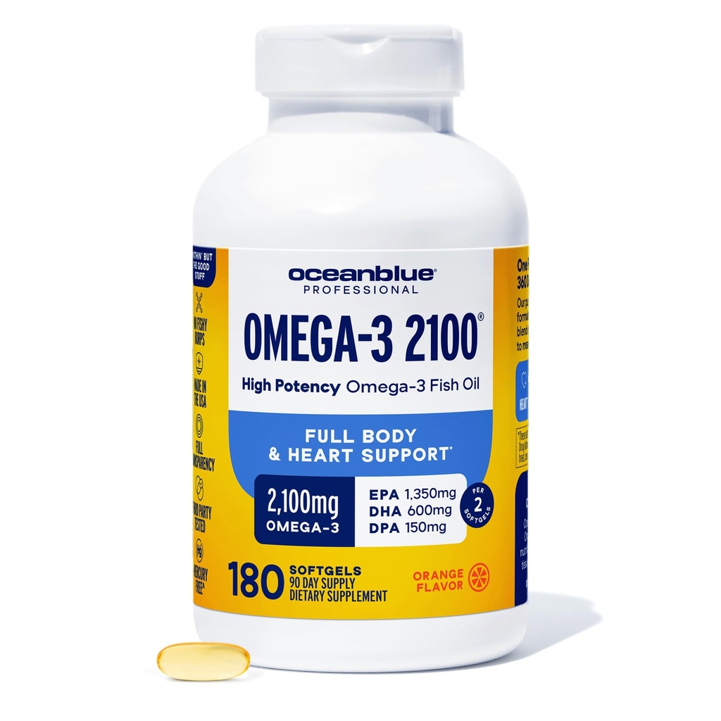 Oceanblue Professional Omega-3 2100 – 180 ct – Supplément d'huile de poisson sans Burpless triple résistance avec EPA, DHA, DPA – Wild-Caught – Orange Flavor (90 portions)