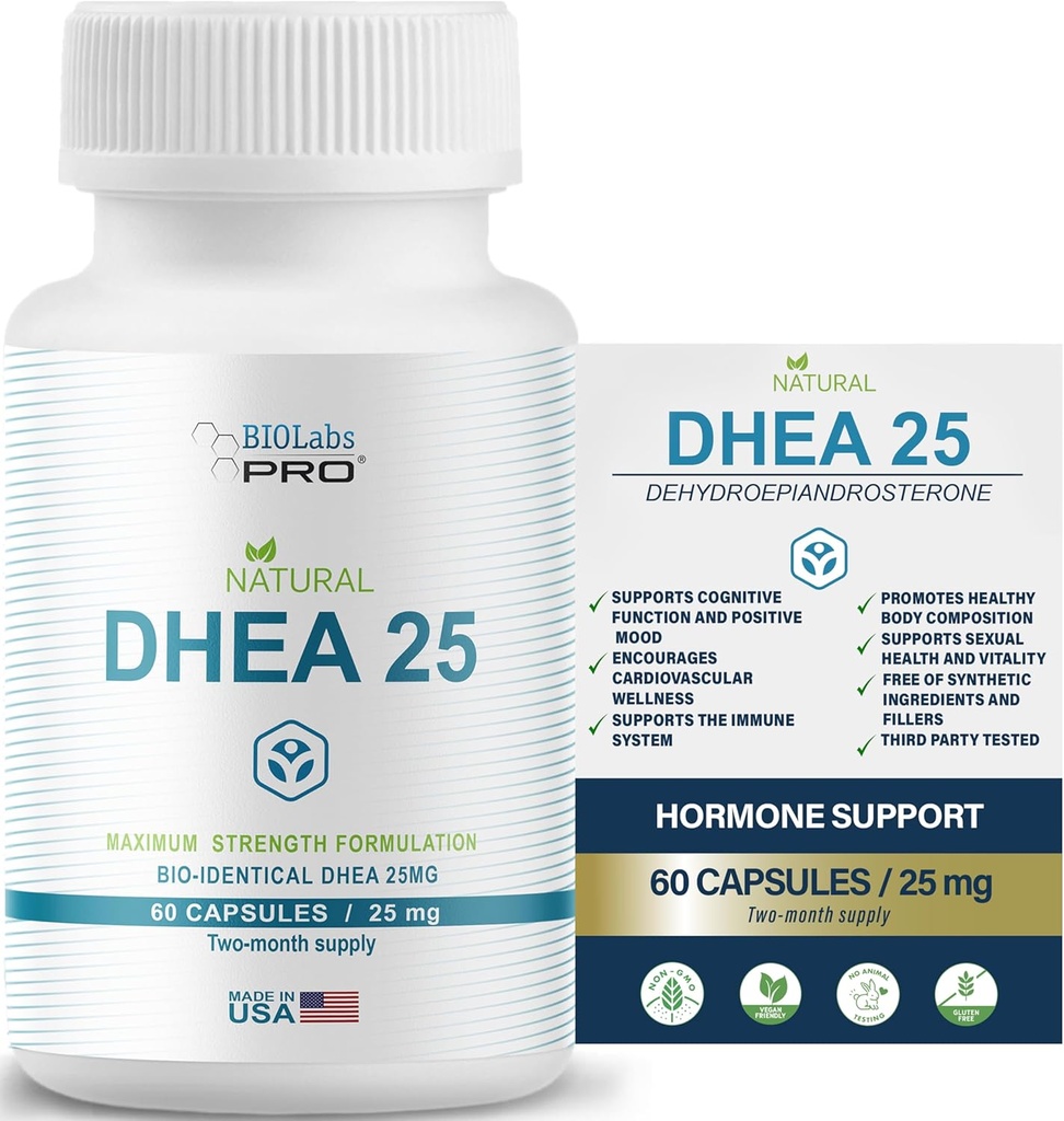 Supplément Dhea pour les femmes et les hommes, Supplément Dhea 25 pour l'équilibre hormonal, Suppléments purs Dhea sans gluten, Dhea pour les hommes Formulation de la force maximale, Capsules végétariennes (60 capsules - 2 mois d'approvisionnement)