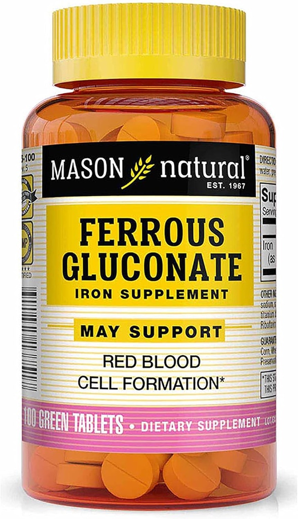 Gluconate de fer naturel Mason - soutient la formation de globules rouges, doux sur supplément de fer à l'estomac, 100 comprimés