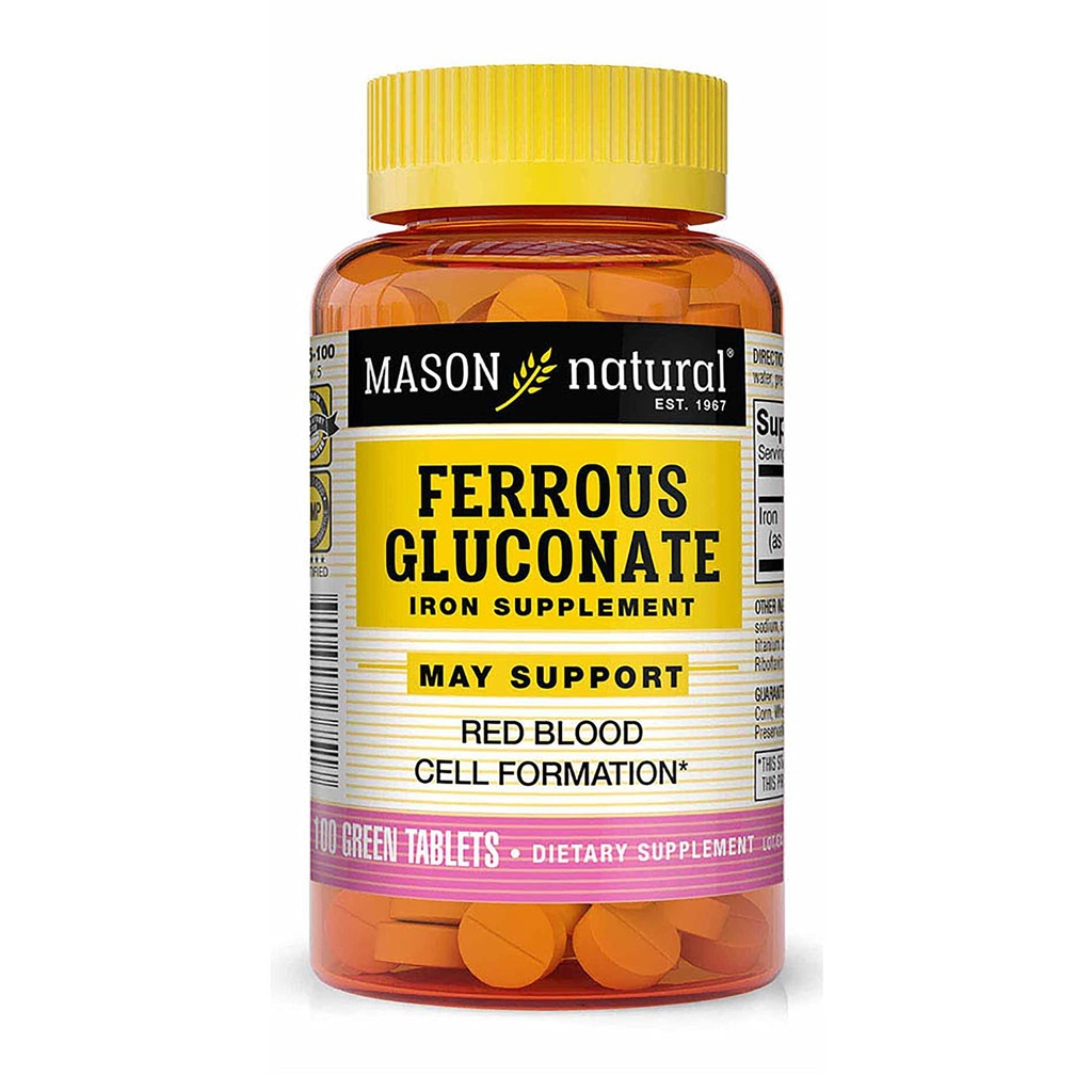 Gluconate de fer naturel Mason - soutient la formation de globules rouges, doux sur supplément de fer à l'estomac, 100 comprimés