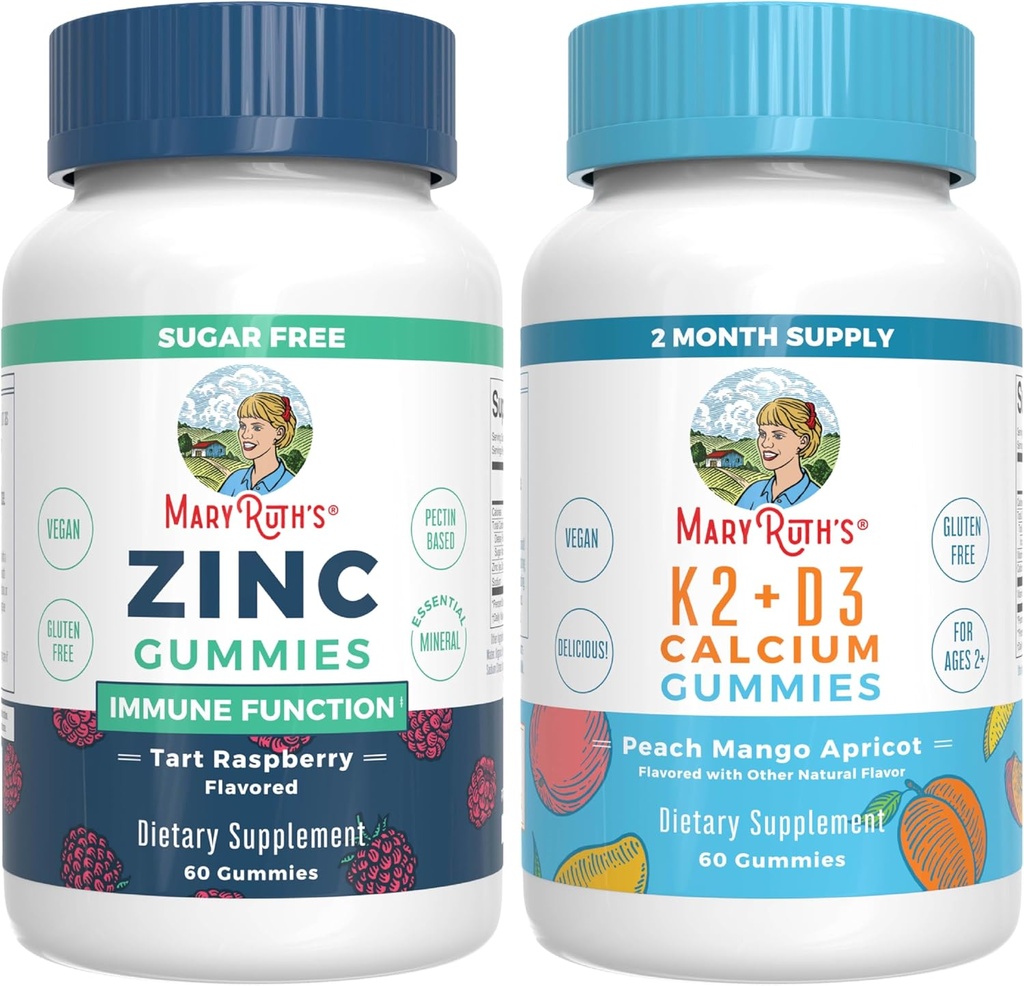 MaryRuth Organics Zinc (Tart Raspberry) & Vitamine K2+D3 Gummées de calcium (Peach Mango & Apricot)