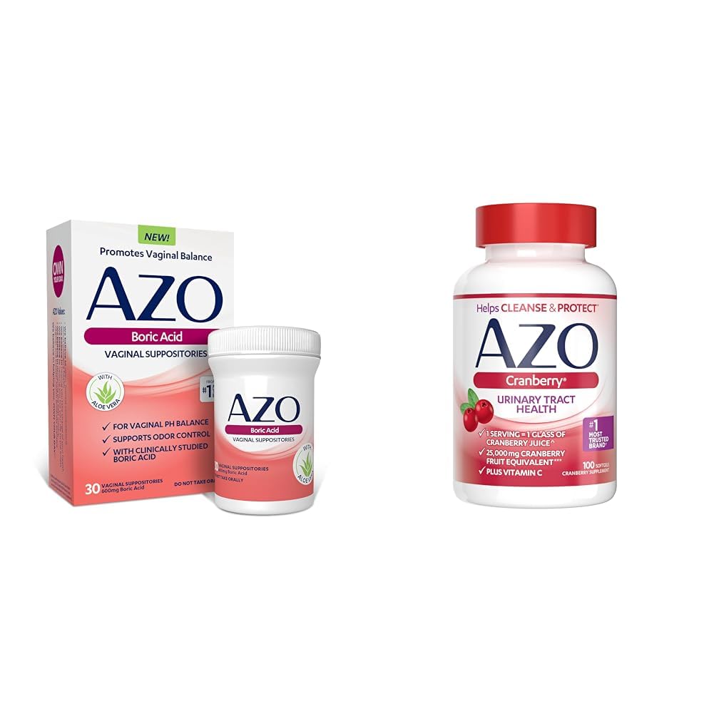AZO Acide borique Suppositoires vaginales, aide à soutenir le contrôle de l'odeur et équilibre Vaginal PH & Cranberry Urinary Tract Supplément santé, 1 portion = 1 verre de jus de canneberge