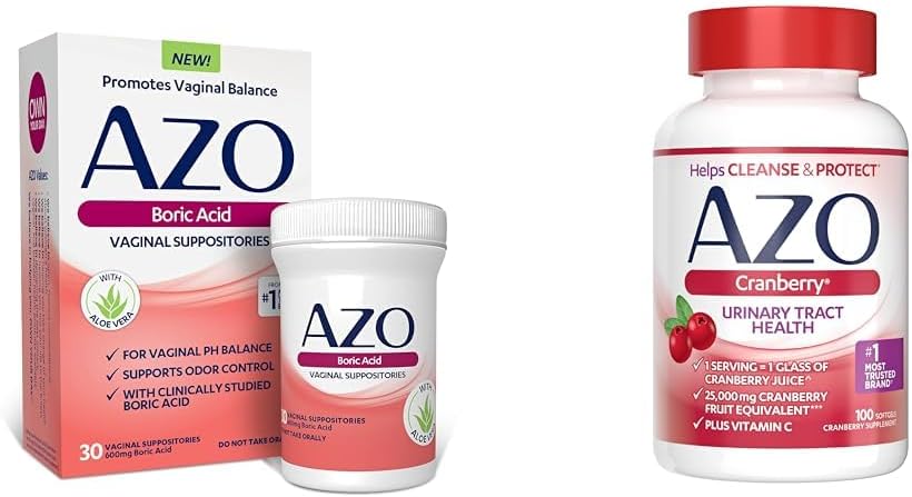 AZO Acide borique Suppositoires vaginales, aide à soutenir le contrôle de l'odeur et équilibre Vaginal PH & Cranberry Urinary Tract Supplément santé, 1 portion = 1 verre de jus de canneberge