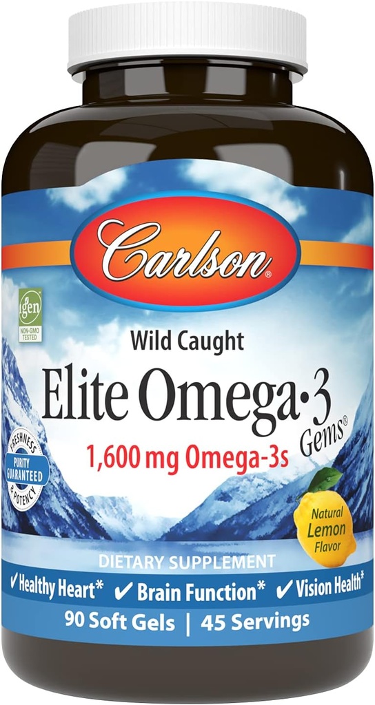 Carlson Elite Omega-3 Gems, 1600mg Omega-3s avec EPA & DHA, Wild-Caught Norwegian Fish Oil, Lemon Flavor, 90 Softgels