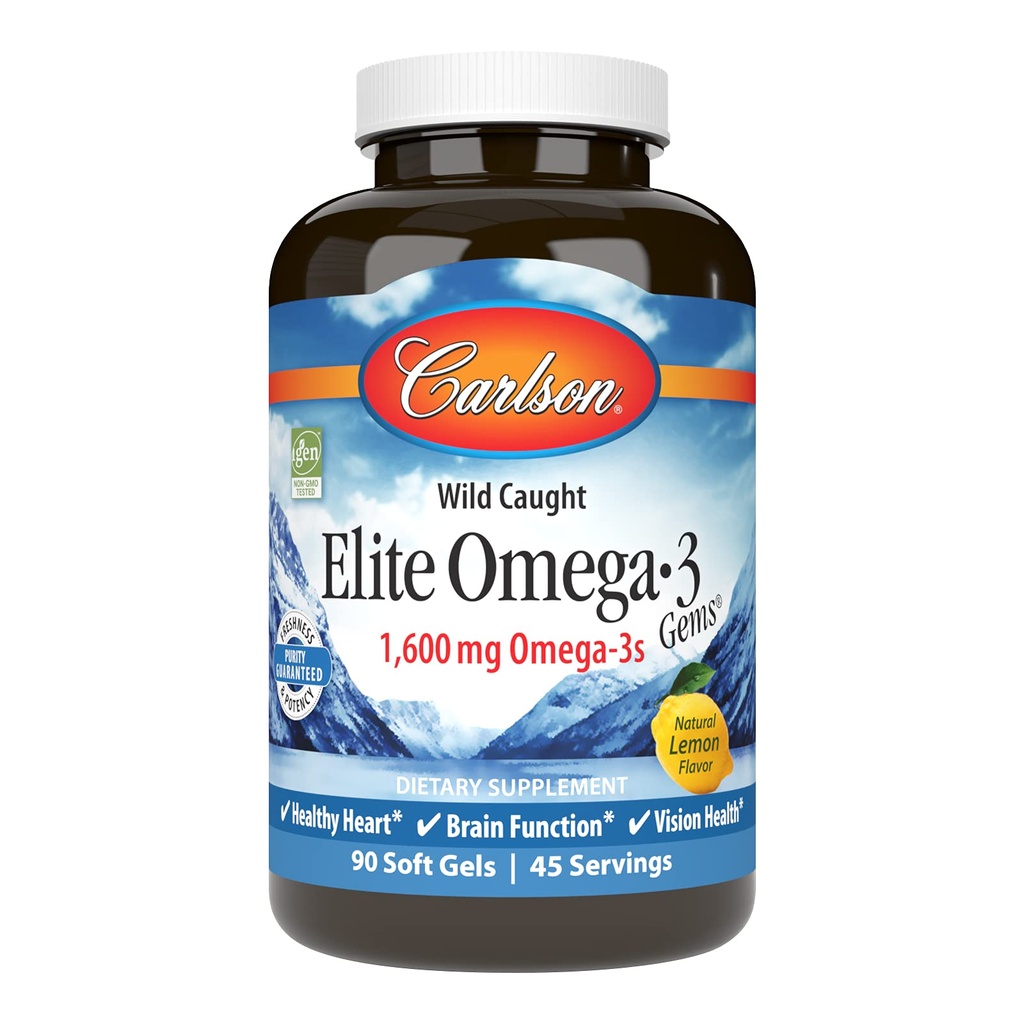 Carlson Elite Omega-3 Gems, 1600mg Omega-3s avec EPA & DHA, Wild-Caught Norwegian Fish Oil, Lemon Flavor, 90 Softgels