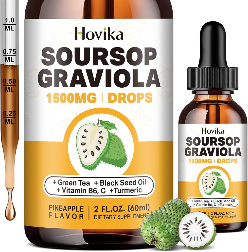 Soursop Graviola Liquid Drops 1500mg - Soursop Leaves & Fruit with Green Tea, Black Seed Oil, Turmeric for Cell Support, Immune, Antioxidant - Bitters Liquid, Natural Pineapple Flavor 2 Fl Oz