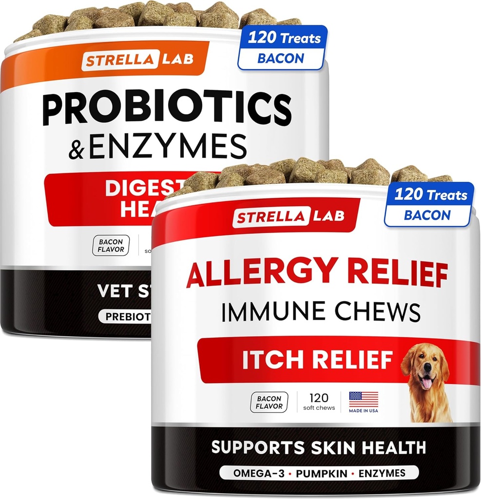 Vet Strength Probiotics + Allergy Relief for Dogs Bundle - Supplément de fibre à croquer + Traitement de la peau démangeaison - Enzymes digestifs + citrouille - Relief de l'estomac relevé + Relief des points chauds -240 ct - Fabriqué aux États-Unis