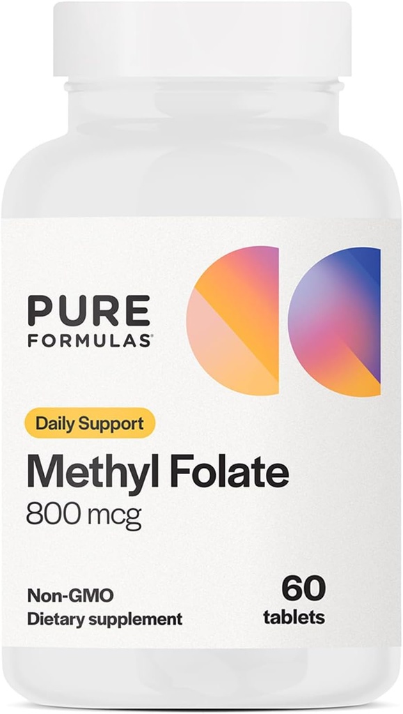 Méthylfolate de PureFormulas 800 mcg – B9 actif (5-MTHF) pour la santé cardiovasculaire, la nerve et l'humeur, comprimés végétariens non OGM, 60 Nombre