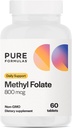 Méthylfolate de PureFormulas 800 mcg – B9 actif (5-MTHF) pour la santé cardiovasculaire, la nerve et l'humeur, comprimés végétariens non OGM, 60 Nombre