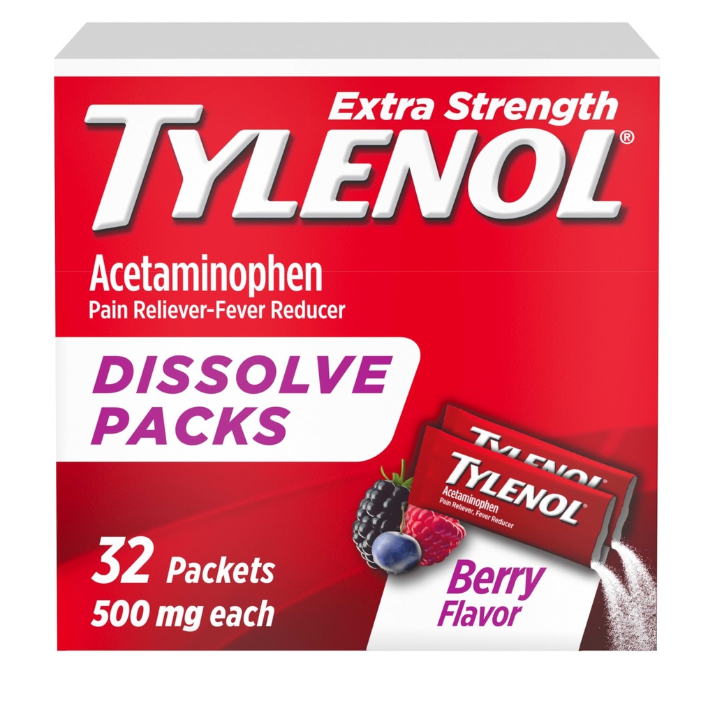 Tylenol Extra Strength Dissolve Powder Packs, 500 mg d'acétaminophène analgésique et remède réducteur de fièvre, soulagement rapide des douleurs et des douleurs mineures, sans Ibuprofène et sans aspirine, au Berry Flavor, 32 Ct