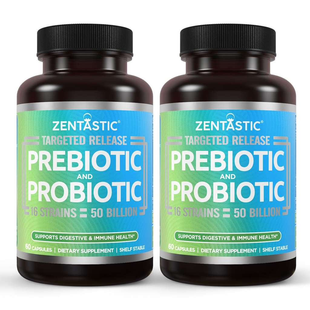 Zentastic Probiotics & Prebiotics Supplement - 50 Billion CFU - for Men & Women’s Immune & Digestive Health - 16 Strains - Shelf Stable - 120 Delayed Release Veggie Capsules