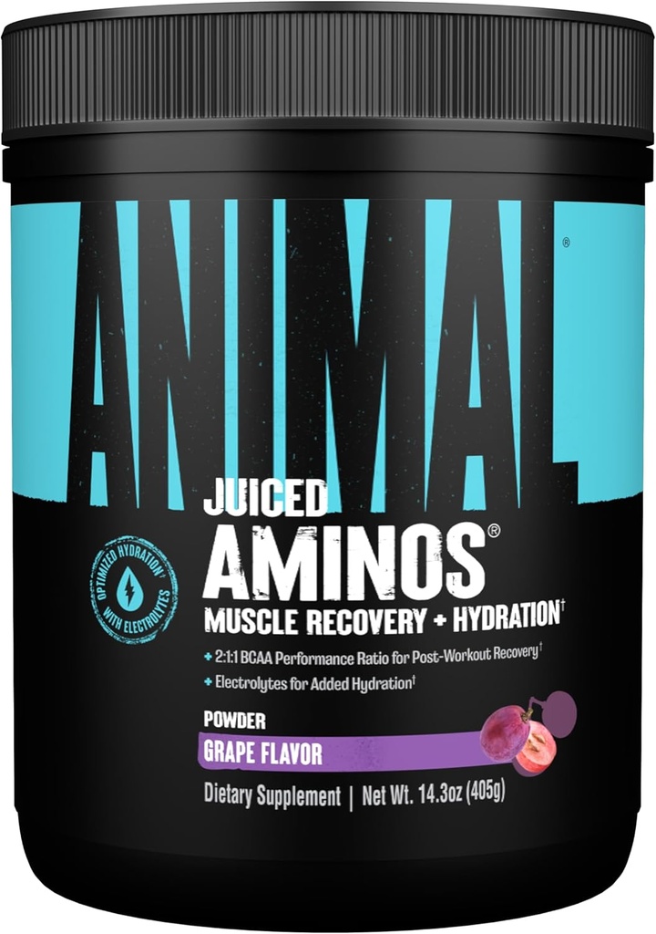 Acides aminés juteux animaux - BCAA poudre EAA Matrix Plus Hydratation avec électrolytes et sel de mer en tout temps récupération et amélioration de la performance, arômes de raisin, 30 portions