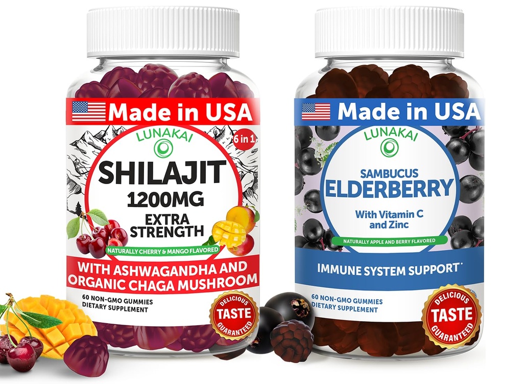 Lunakai USA Made Shilajit & Elderberry Gummies Bundle – Energy and Immune Support – Non-GMO & Delicious